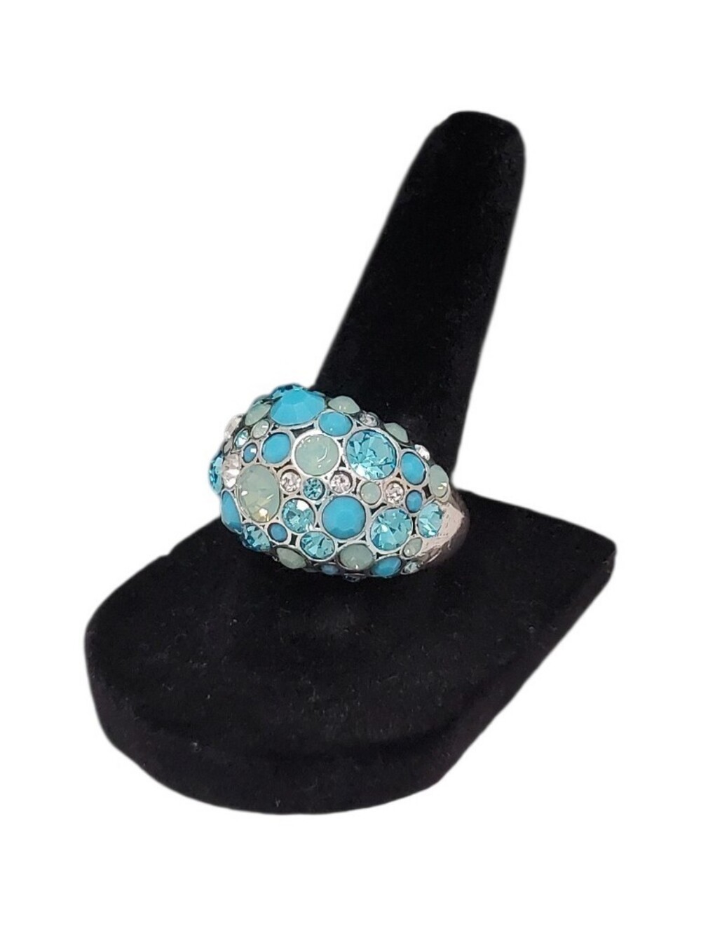 Estate Fossil Silver-Tone Pave Multi-Blue & Clear Rhinestone Dome Ring - Size 8